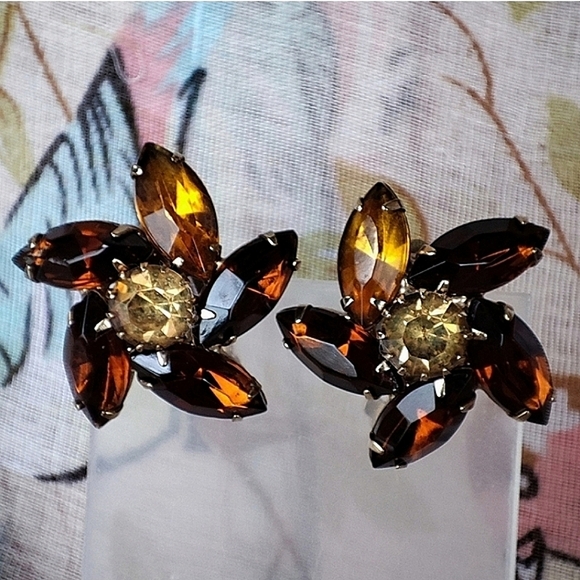 Topaz Brown Aurora Borealis Round Vintage Petite Crystal Clip Petite Earrings - Picture 9 of 10